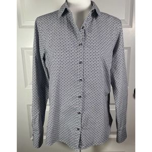 Lands End No Iron Supima Blue White Woman’s 12 Long Sleeve Blouse Button Up